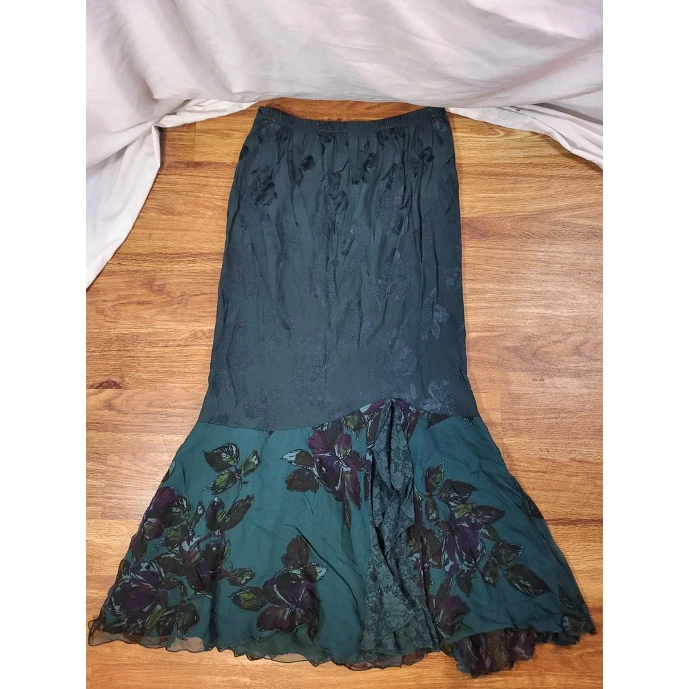 Vintage Y2K Garden Fairy Violet Kay Green Floral Jacquard Maxi Skirt Medium
